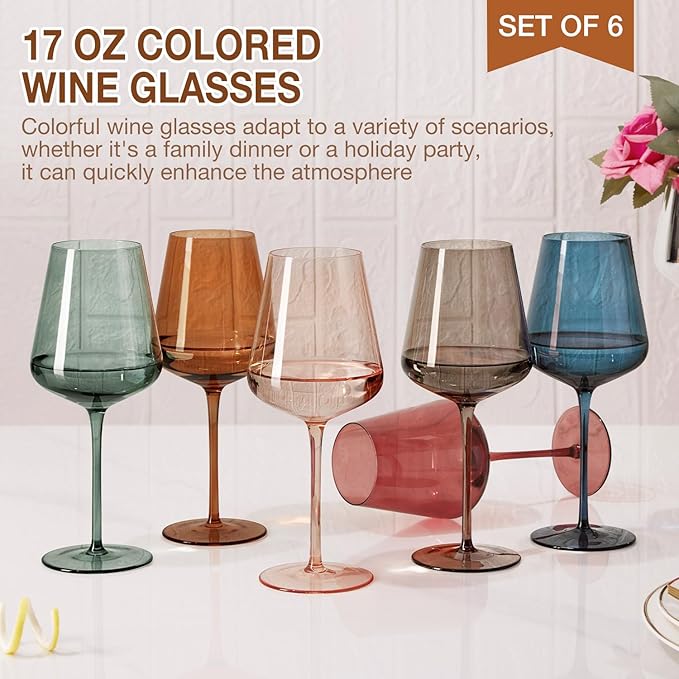 Colored Wine Glasses Set of 6-17oz, Hand Blown Crystal Colorful Wine Glasses with Long Stem,Unique Gift for Wedding, Birthday,Christmas