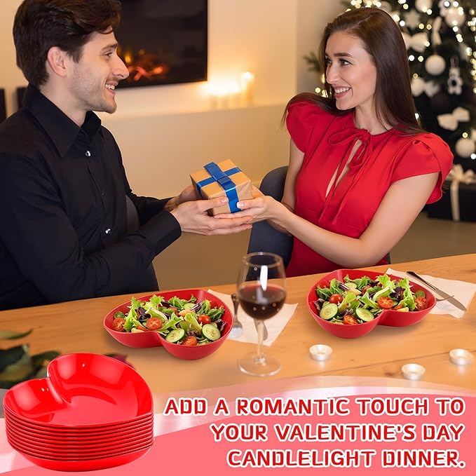 10-Pack 9.8 Inch Valentine's Day Candy Dish Heart Shaped Candy Bowl Plastic Dessert Plates Heart Shaped Dinner Bowl Party Serving Dishes for Salad, Cake, Snack, Waffles, Fruit, Appetizer(Red)