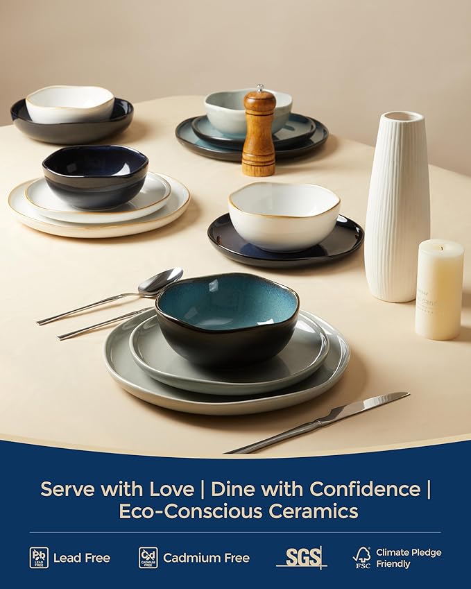 8 Inch Salad Plates Set of 6, Dessert & Side Plates with Wavy Rim-Stoneware, Dishwasher & Microwave Safe, Ceramic Plate Set, Starry Blue