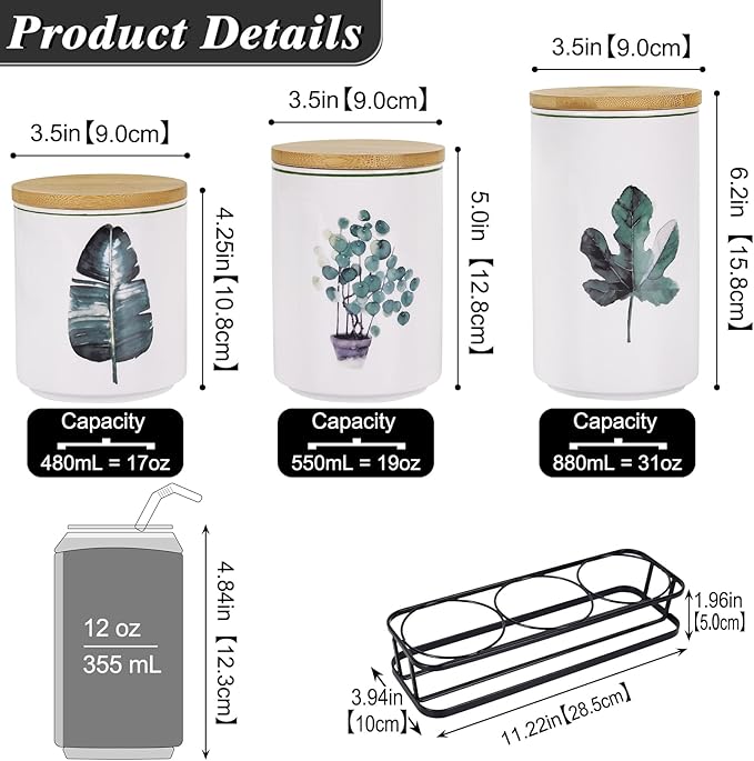 Ceramic Canister Set for Kitchen Countertop - A Set of 3 Kitchen Canisters with Tiered Shelf, Airtight Countertop Flour and Sugar Containers, Coffee and Tea Storage (Green plants A)