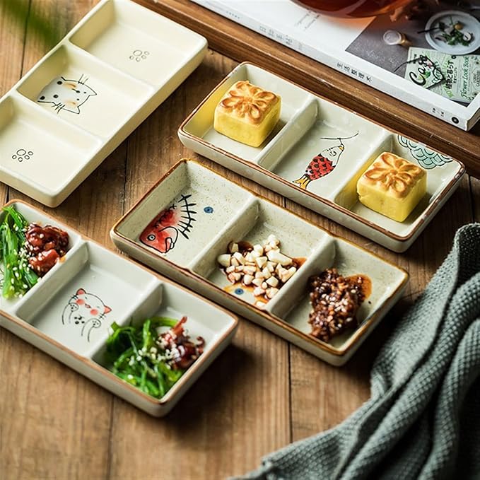 Sauce Dish 1 Piece Multifunctional Table Setting Snack Plate Snack Plate Multifunctional Seasoning Soy Sauce Plate Three Compartments Ceramic Plate Snack Plate(C)