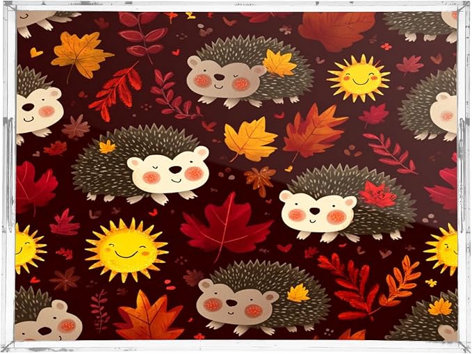 Serving Tray with Handles Clear Acrylic Tray 12x16 Inch Decorative Rectangular Tray Organizer for Ottoman Coffee Table Bathroom Autumn Leaves Hedgehogs Brown