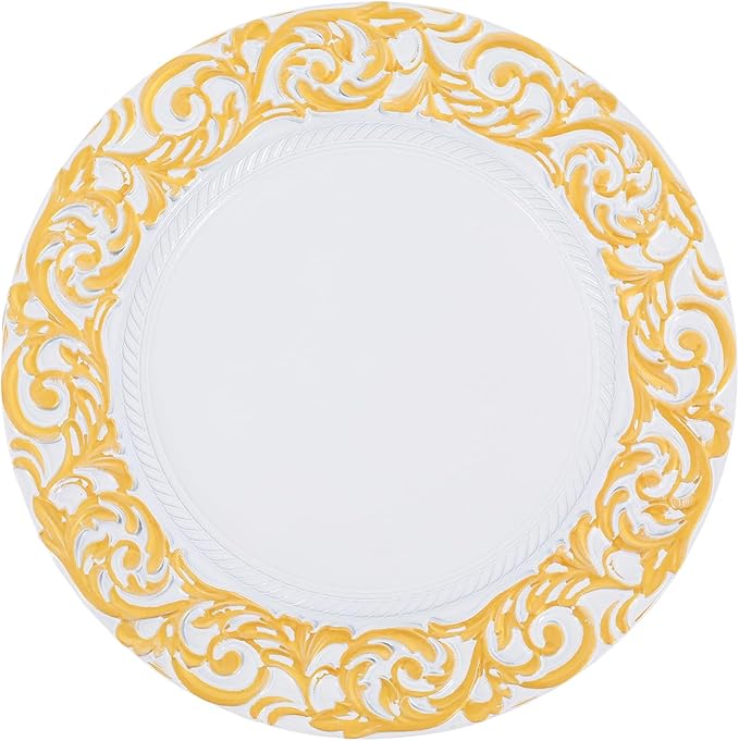 50 Pcs Antique Charger Plates Bulk 13" Round Floral Chargers for Dinner Plates, White Charger Plates for Wedding, Party, Elegant Tabletop Decor (White+Gold)