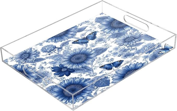 Serving Tray with Handles Clear Acrylic Tray 12x16 Inch Decorative Rectangular Tray Organizer for Ottoman Coffee Table Bathroom Vintage Blue Sunflowers and Butterflies