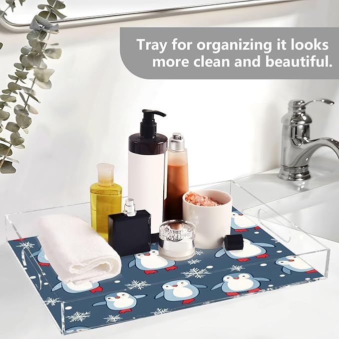Serving Tray with Handles Clear Acrylic Tray 12x16 Inch Decorative Rectangular Tray Organizer for Ottoman Coffee Table Bathroom Grey Blue Penguin01