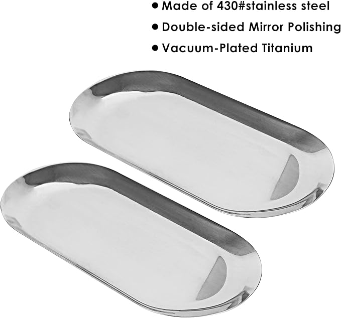 Oval Vanity Tray, Storage Organizer, Stainless Steel Tray for Jewelry, Makeup Cosmetic, Towel Napkin, Food (2 Pack Silver)