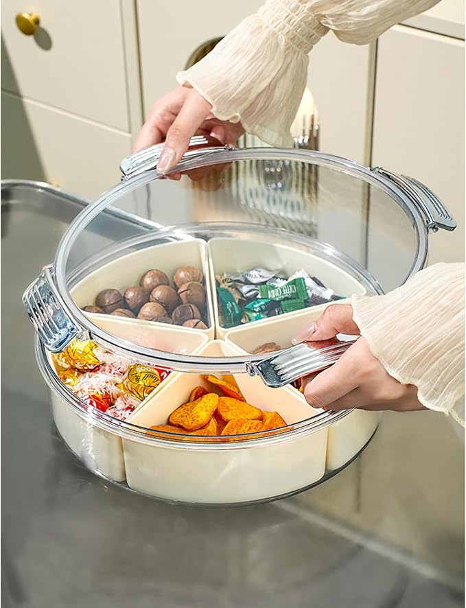 Beige Silver Round Plastic Divided Serving Tray with Lid, 5 Compartments Snack Tray Serving Platter for Biscuits, Fruit, Veggie, Candies and Hot Pot1