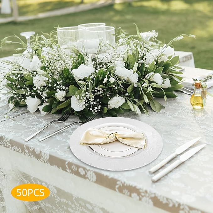 50 Pcs Antique Charger Plates Bulk 13 Inch Embossed Rim Plastic Party Dinner Plate Chargers Round Decorative Server Plate for Wedding Party Event Tableware (50pcs-Silver-2)