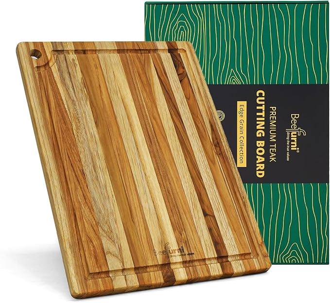 BEEFURNI Small Teak Cutting Board with Juice Groove and Hanging Hole (14x10x0.6"), Durable Wooden Cutting Boards for Kitchen, Chopping & Serving Board, Non Toxic, Christmas Gift for Her