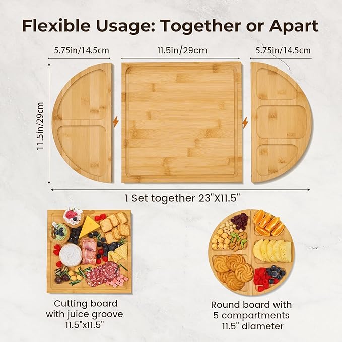2Pack Charcuterie Board & Serving Set -Natural Bamboo Cheese Board with Magnetic Closure- Snack Tray Set, Perfert House Warming, Wedding & Couple Gift