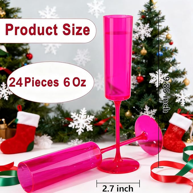 Ciaell 24 Pack Plastic Champagne Flutes - Hot Pink 6 Oz Disposable Champagne Glasses - Square Plastic Toasting Glasses for Party Birthday Anniversary Wedding