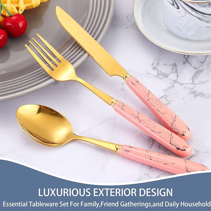 24 Pieces Flatware Set, Stainless Steel Cutlery Set with Silverware Holder, Modern Gold Silverware Set Includes Dinner Knives Forks Spoons,Hanging Silverware Set Service for 6 (Pink Gold)
