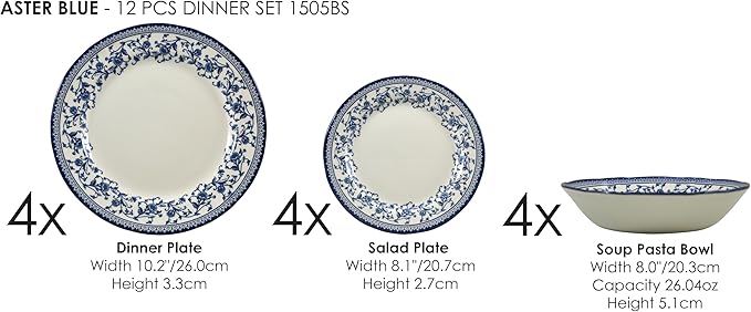 TUDOR ROYAL 12-Piece Round Porcelain Dinnerware Set, Service for 4 - Aster BLUE Design, Multicolor Floral, Plates Bowls Mugs Dishes, Premium Quality Tableware, Unique Pattern, Glossy