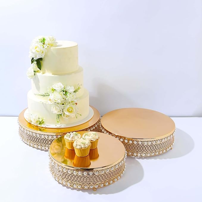 Efavormart Set of 3 Pearl Beaded Gold Metal Cake Stands with Mirror Top, Stackable Round Cupcake Holder Dessert Display Stands - 12",14",16"