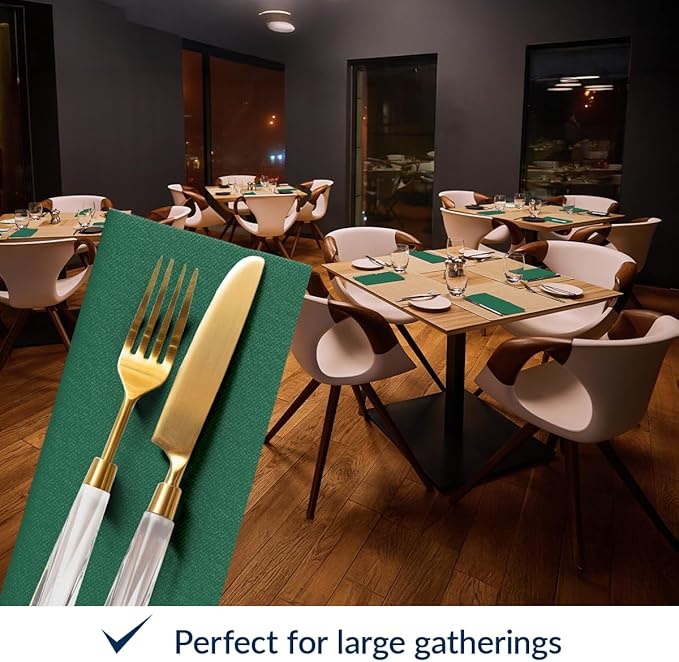 PAW - 50-Pack Disposable Dark Green Linen-Feel Guest Towels 8" x 4" Folded, European Quality Hand Towels, Elegant Dinner Napkins for Special Occasions - Wedding, Birthday, Holiday, Bridal Shower