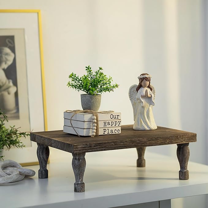 Hanobe Wooden Riser Decorative Tray: Farmhouse Wood Pedestal Display Stand Rustic Brown Tray Riser Centerpiece for Coffee Bar Kitchen Dining Room Home Table Decor, Short & Tall Footed