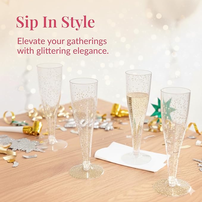 Prestee 200 Disposable Champagne Flutes Gold Glitter Glasses - 4.5 Oz Plastic Champagne Cups for Parties, Wedding Toasts, Mimosa Bar, and New Year’s Eve - Elegant Bulk Gold Plastic Wine Flutes