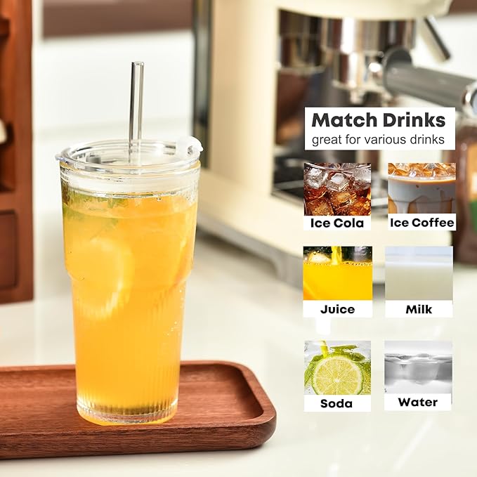 ALINK 20oz Glass Tumblers with Lids and Straws, Set of 4 - Stylish Ribbed Design Drinking Glasses for Iced Coffee Cups, Juice, Smoothies, Cold Beverages, Includes Cleaning Brush, Durable Glassware