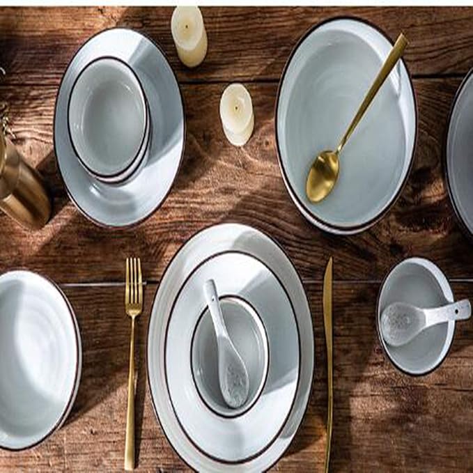 Ceramic Bowls Plates Dinnerware Set Crockery Dinner Set Dessert Plate Black and White Collocation Contracted Style Fashion and Durable,B,B