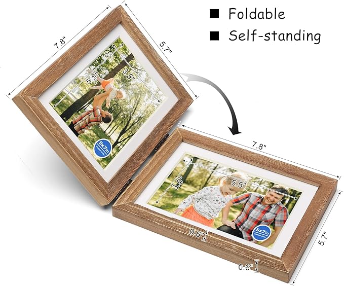 5X7 Double Wooden Hinged Picture Frame Vertical and Horizontal in Distressed Farmhouse Wood Grain, Display 4x6 with Mat or 5x7 without Mat, Folding Photo Frame with Real Glass Front for