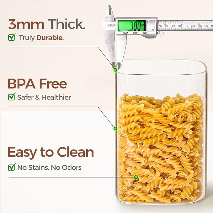 ComSaf Glass Pantry Storage Containers, 4.6Qt/1.6Qt Large Square Flour and Sugar Containers with Airtight Lids, 1.2 Gallon Glass Jars with Bamboo Lids for Rice, Pasta, Cookies, Coffee Beans