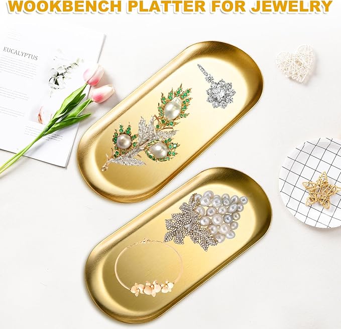 4PCS Stainless Steel Serving Tray Set Gold Platters for Serving Food Party Large Metal Trays Decorative 12" Long Plate Oval Storage Trays Thickened Serving Dishes for Entertaining Sushi Snack