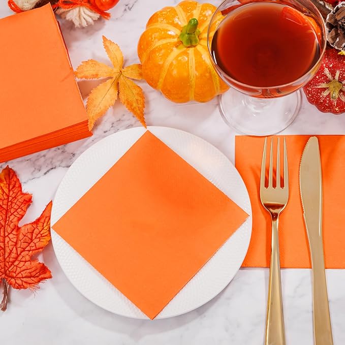 FLOWERCAT 100-Count 2-Ply Orange Napkins -Orange Cocktail Napkins Disposable Premium Quality - 5" x 5" Fall Paper Napkins for New Year Party,Fall,Bar,Weddings