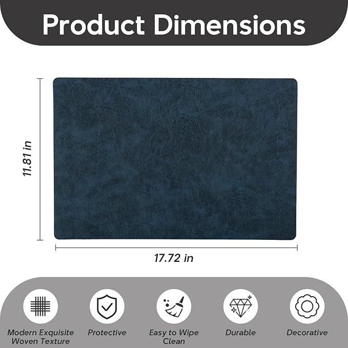Placemats Set of 4 Reversible Dual-Color Table Placemats, Faux Leather 100% Waterproof Oil-Proof Wipeable Place Mats, Heat Resistant Dual Sided Table Mats for Kitchen/Dining/Party (Blue&Yellow