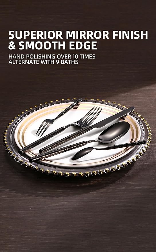 20-Piece Silverware Set, Stainless Steel Flatware Set for 4, Modern Hammered Utensil Tableware Set Include Dinner Knife/Fork/Spoon, Mirror Finish, Dishwasher Safe (10, black)