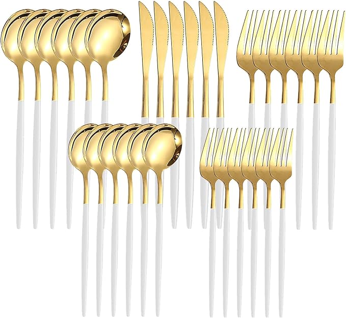 Kawlity Stainless Steel Serving Flatware Durable White & Gold Polished Knives Spoon Forks 30 Pcs Utensil Dinner Tableware, for Kitchen Dishwasher Adults and Children Ideal Gift