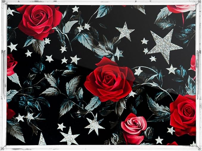 Clear Serving Tray with Handles Silver Stars Red Roses Acrylic Tray for Bed 12 x 16 Spill-Proof decoración