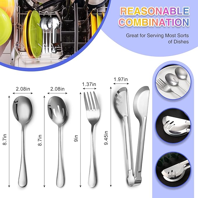 Patelai 8 Pcs Silver Stainless Steel Serving Utensils Set 8.7" Large Spoons and Slotted Spoon 9.45" Tong 9" Forks Flatware Wedding Valentine's Day Holiday Party Buffet Banquet Cooking Kitchen Catering