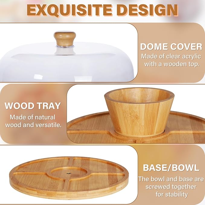 Bamboo Cake Stand with Lid, 6-in-1 Multifunctional Cake Plate, Cake Holder, Serving Tray, Fruit Platter, Salad Bowl, Dessert Table Display & Acrylic Cake Dome Cover