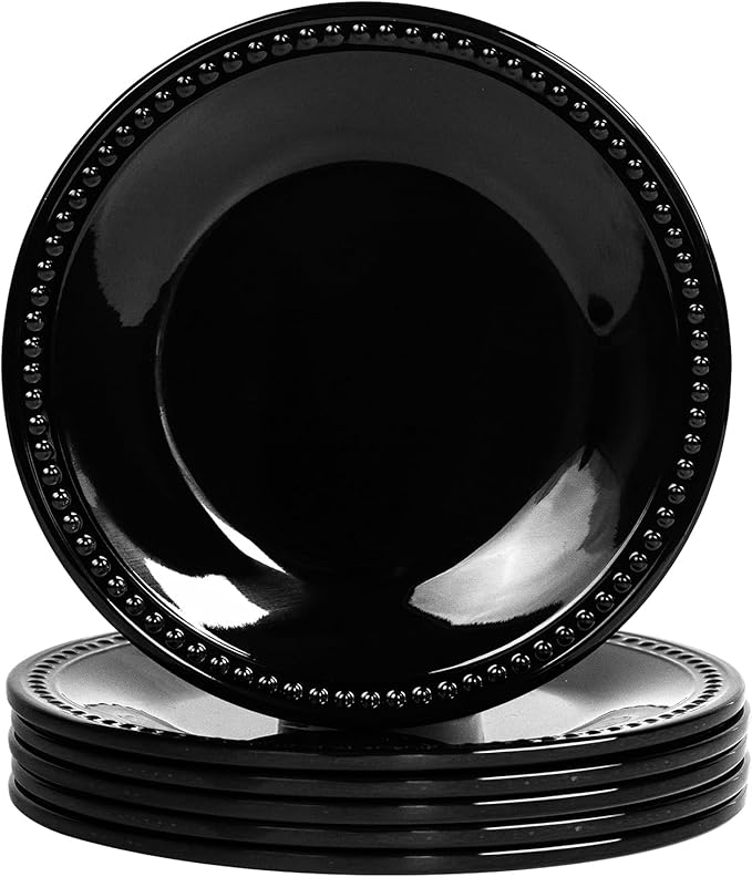 Melamine Beaded Dinner Plate Set of 6, BPA Free, Platter, Serving Dishes, Chip & Break Resistant, Lightweight, Great for Dining, Weddings & Everyday Meals (Black, 11in (Pack of 6))