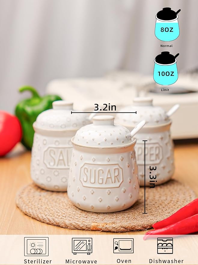 GDCZ 10 Oz Sugar Pepper and Salt Bowls with Lid and Spoon, Ceramics Seasoning Container, Seasoning Jar Spice Container for Kitchen,Dishwasher Safe, Set of 3 (White)