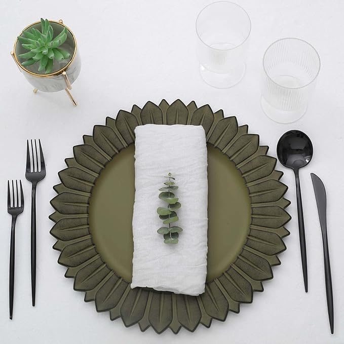 13" Charger Plates - Set of 12 - Matte Olive Green Sunflower Plastic Chargers, Disposable Round Acrylic Serving Trays For Dinner Wedding Party Events