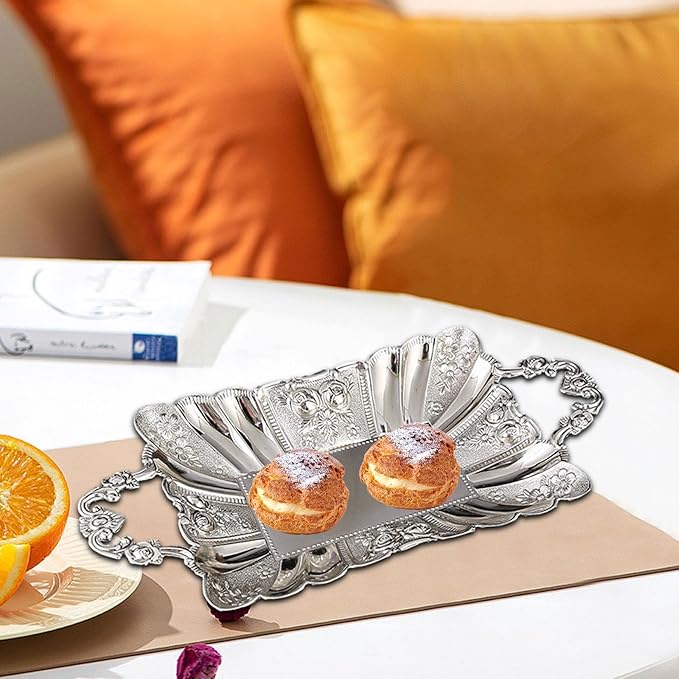 Metal Serving Tray with Handles 11.02x5.51x2.05inch European Style Mirror Fruit Plate for Candy Cupcake Dessert Bar Countertop Table Centerpiece Decor- Silver