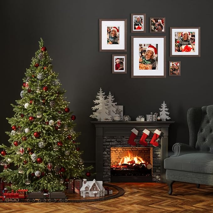Egofine 4x6 Picture Frames Set of 4, Made of Solid Wood Covered by Plexiglass 3x4.5 and 3.5x5 with Mat or 4x6 without Mat, for Table Top Display and Wall Mounting Photo Frame Brown