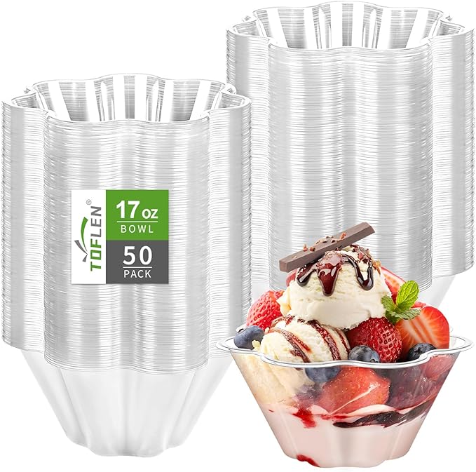 TOFLEN 17 Oz Clear Plastic Bowls for Parties, 50 Pack Flower Shaped Disposable Hard Plastic Party Bowls for Dessert, Ice Cream, Parfait, Fruit, Salad, Snack and More Cold Food