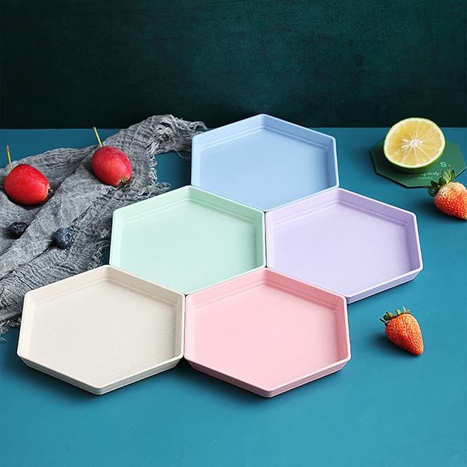 Incauca 5 Pack 6 Inch Lightweight Mini Wheat Straw Plates, Reusable Hexagon Dessert Plates, Small Saucers Plates, Plastic Side Dish Plates for Serving Snack Appetizer Salad Fruit, Assorted Colors