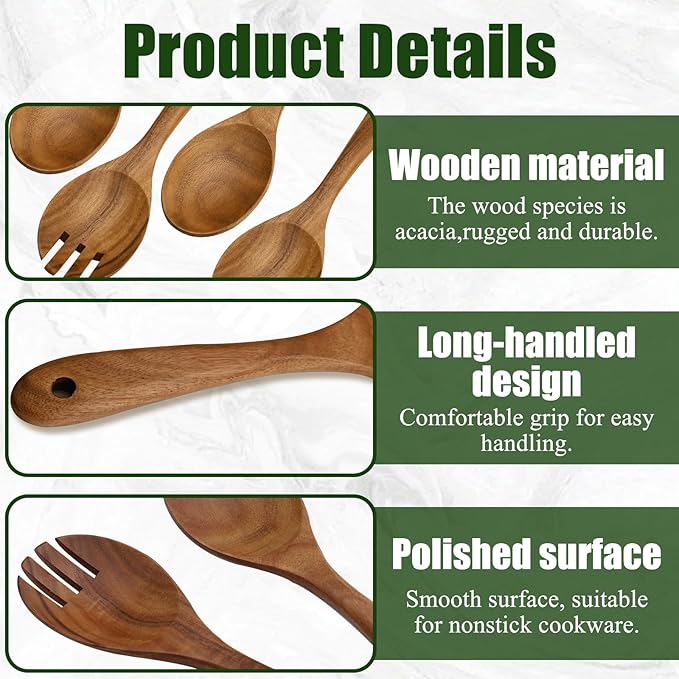 2 Pieces Long Handle Wooden Salad Servers Utensils, Acacia Wooden Serving Spoons & Fork, 10.2''/26 CM Salad Servers Set Tongs for Mixing Tossing Fruit Cooking Kitchen