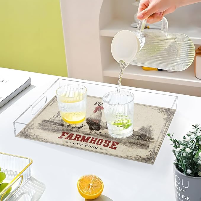 Serving Tray with Handles Clear Acrylic Tray 12x16 Inch Decorative Rectangular Tray Organizer for Ottoman Coffee Table Bathroom Rooster Farmhouse Cow