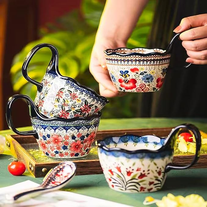 OZY Handpainted Soup Bowl with Handle,Ceramic Cereal Bowl Great for Soup, Ice cream, Fruits,Snack,Microwave &Dishwasher Safe (Honey picking,Spoon)