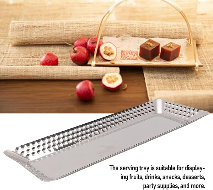 VBESTLIFE Rectangular Stainless Steel Serving Tray, Silver Hammered Dinner Platter, Stackable & Easy Clean for Party, Camping, and Everyday Use (4.7x12.6in)
