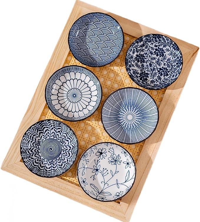 6 Pack 3 oz Small Ceramic Side Dish Japanese Dipping Sauce Dish Soy Sauce Dish Cute Mini Bowls for Sushi,Dipping,Ketchup,Condiment,Snack,BBQ Party (cyan blue)