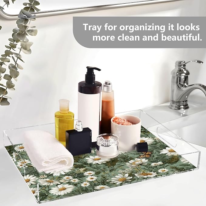 Serving Tray with Handles Clear Acrylic Tray 12x16 Inch Decorative Rectangular Tray Organizer for Ottoman Coffee Table Bathroom Summer Daisy Butterfly Green