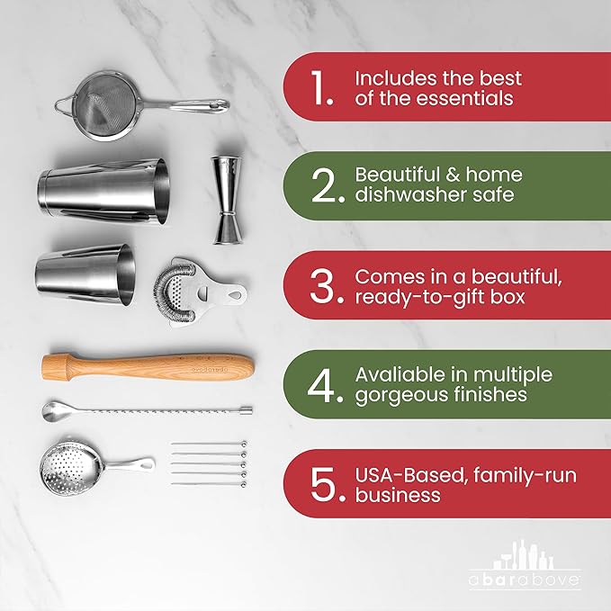 A Bar Above 14-Piece Matte Black Bartender Kit, Modern Bar Tool Set for Home Mixologists and Pros, Includes Black Stainless Steel Cocktail Shaker, Jigger, Strainers, Spoon, Picks, and Bar Accessories