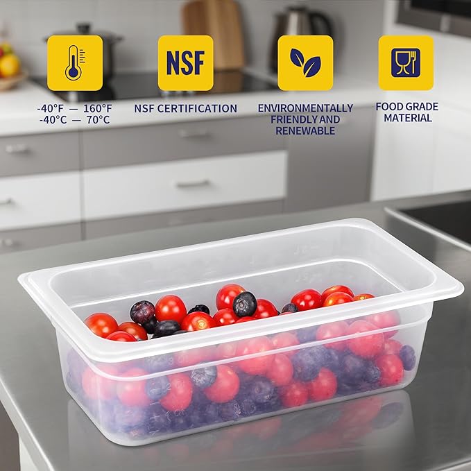 6 Pack 1/3 Size 4'' Deep Food Pans with Lids, Translucent Polypropylene, BPA-free, Commercial Stackable Freezer-safe Storage for Restaurants, Buffets