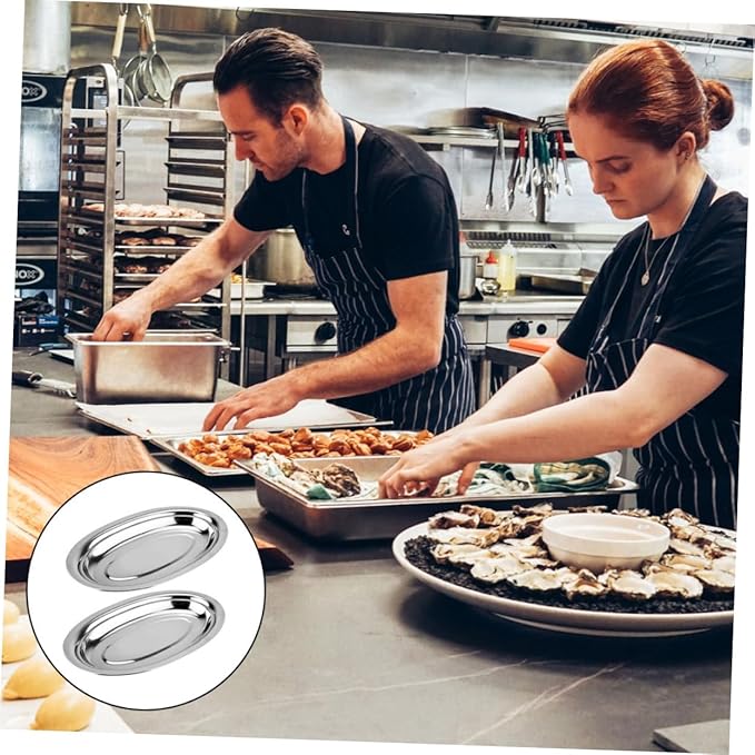 PRETYZOOM 2pcs Stainless Steel Oval Plates Serving Trays Steak Serving Plate Food Safe Rounded Edges Polished Finish