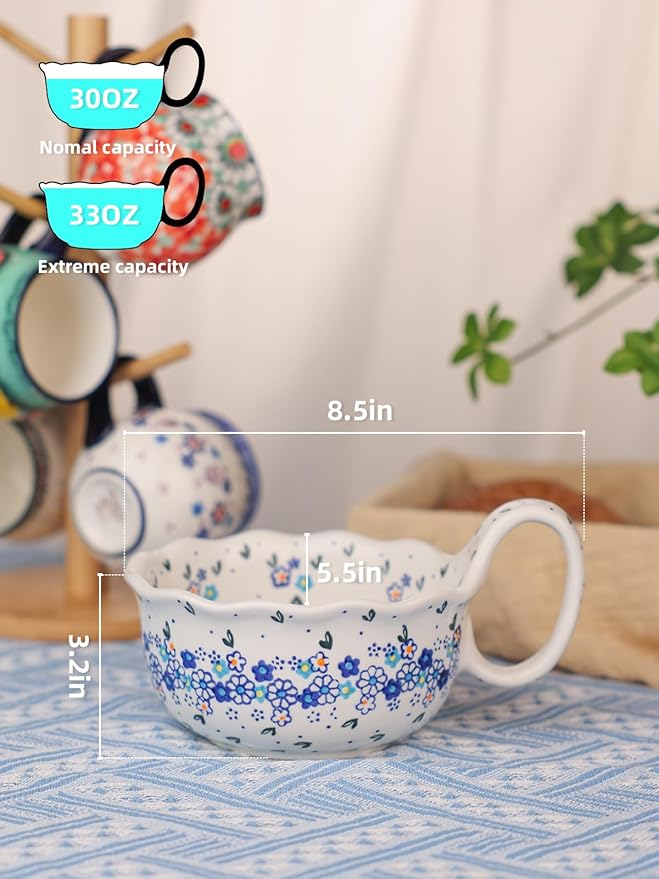 silesia Handmade Ceramic Soup Bowl, 30 oz Hand Painted Bowl with Loop Handle, Floral Design Cereal Bowl for Soup, Ice cream, Snack, Microwave & Dishwasher Safe (Forget Me Not)